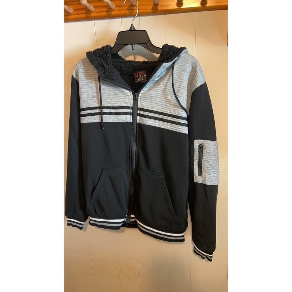 Retro Stitch Black and Gray Hoodie with Sherpa Lining